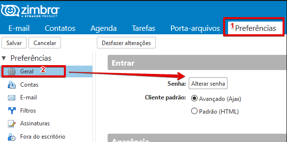 Preferências - Alterar senha do e-mail Zimbra 1