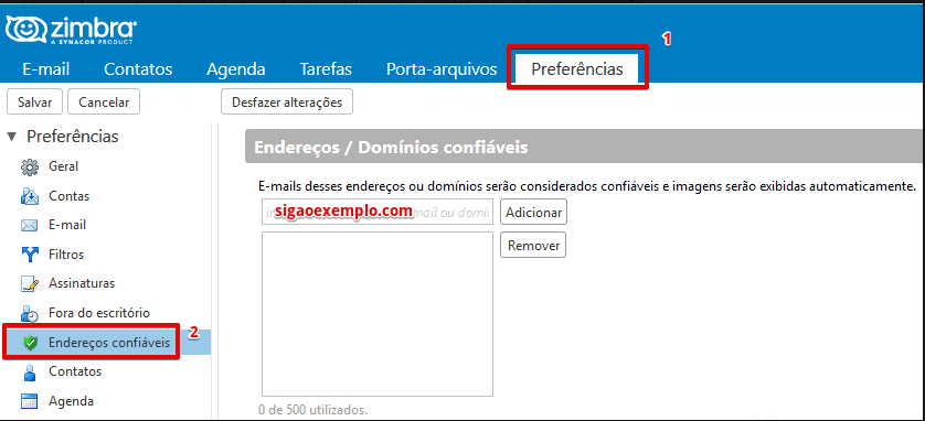Preferências - Endereços / Domínios confiáveis 1