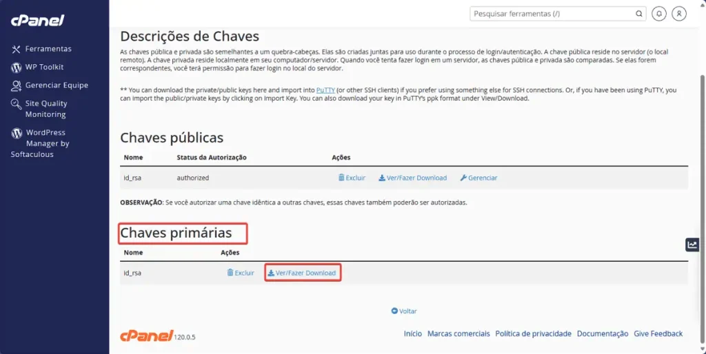 Como autorizar chave SSH no cPanel
