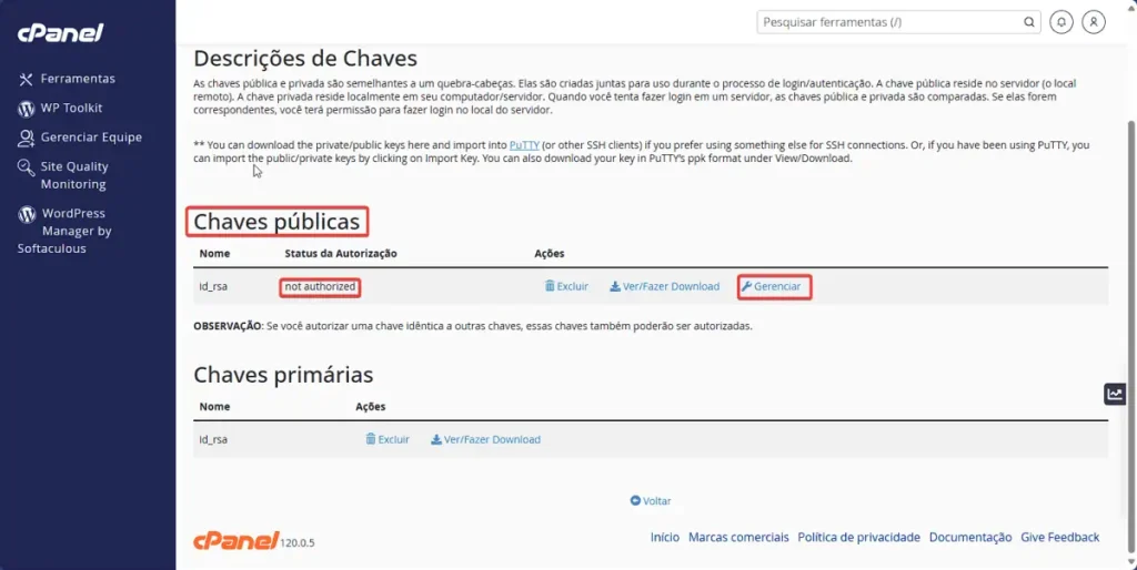 Como resgatar chave pública SSH no cPanel