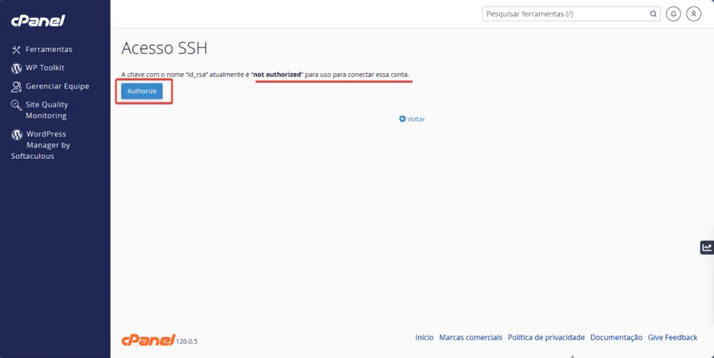 Como autorizar chave SSH no cPanel