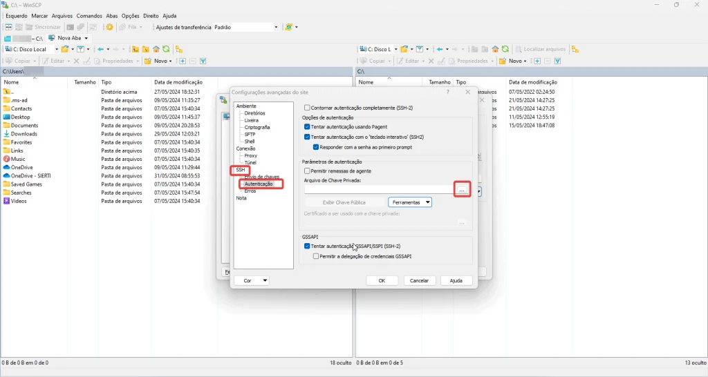 Tela de configuração de chaves SSH no WinSCP para autenticação segura.