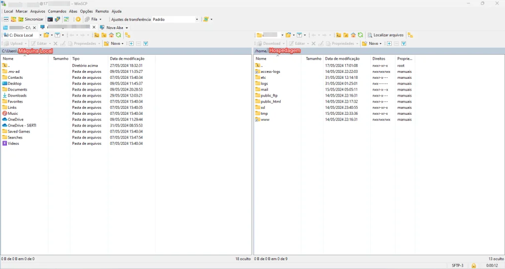 Opção de sincronização de pastas no WinSCP configurada para manter arquivos atualizados entre local e servidor.