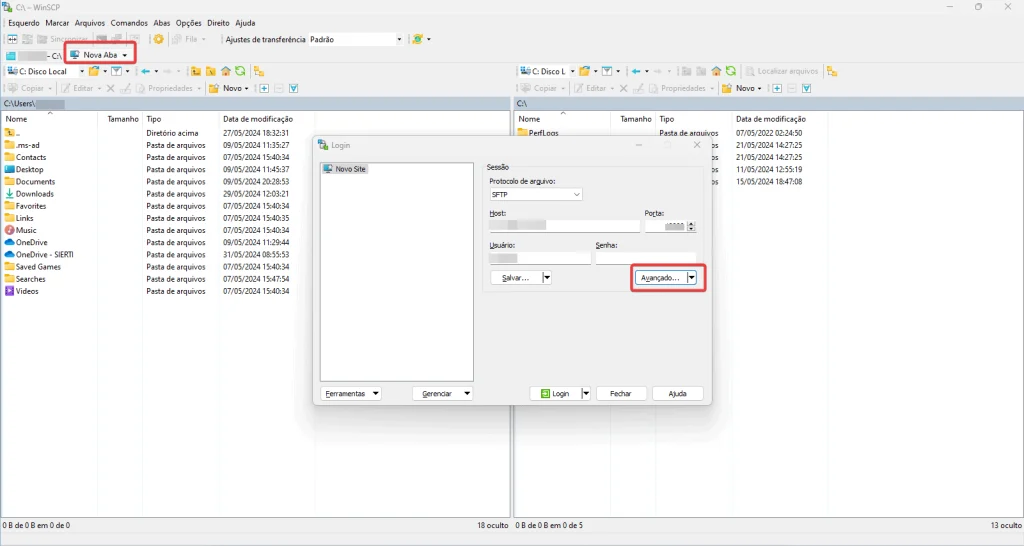 Interface gráfica do WinSCP mostrando a lista de arquivos para transferência SFTP.